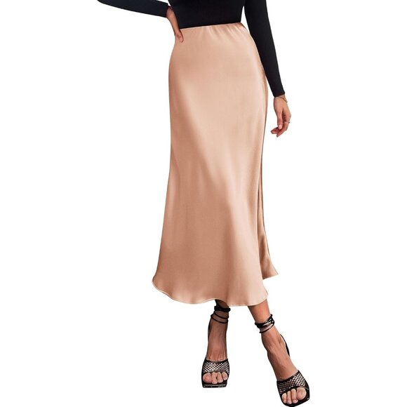 Dresses & Skirts - Women's Champagne Long Satin Silk Elegant Waist Cocktail Flowy A-Line Midi Skirt